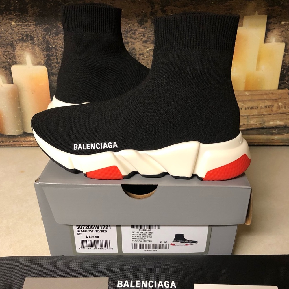 Balenciaga Speed Trainer Runner Sneaker Mid-Top Women Size 6 Black Red White